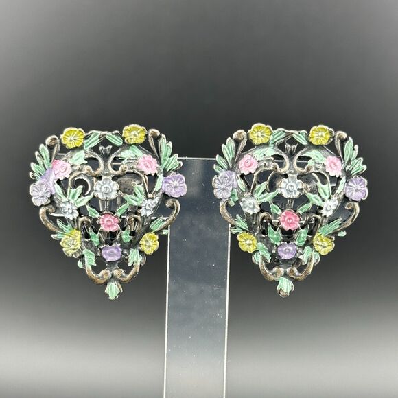 Vintage Silver Filigree Painted Flowers Heart Clip-on Earrings Puffy 1 3/8 - Picture 7 of 13